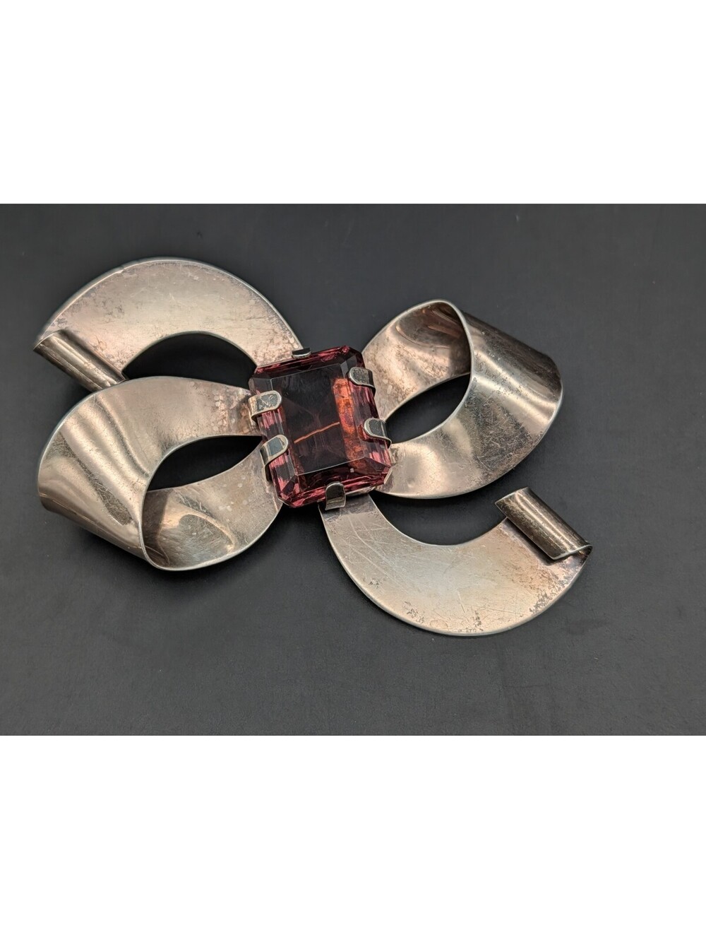Vintage Bow Brooch 1940s Sterling Silver Pink UV Reactive Stone Green Glow 35g
